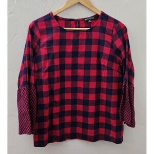 J. Crew Mercantile Red Navy Buffalo Plaid Bell Flare‎ Sleeve Shirt Top Size 8